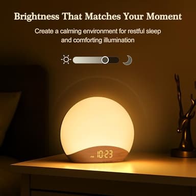 REACHER Wood Grain Sunrise Alarm Clock and Sound Machine Nightlight, Digital Dimmable Clock for Bedroom, 26 Sleep Sounds, White Noise Machine for Baby, Adults, Wake Up Light Alarm Clock for Kids - Image 5