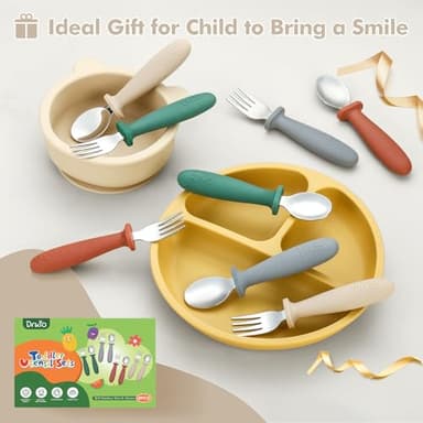 DRKIO 8 Pieces Toddler Utensils Set - Kids Silverware Set with Silicone Handle Children Safe 18/8 Stainless Steel Forks and Spoons Anti-Choke Design Food Grade Dishwasher Safe - Image 5