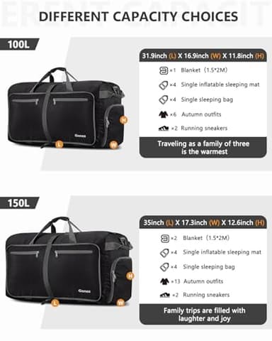 Gonex 80L Packable Travel Duffle Bag Foldable Duffel Bags for Luggage Gym Sports Camping Travelling Cycling Storage Shopping Water & Tear Resistant Black - Image 7