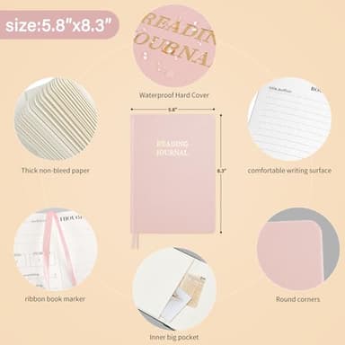 TSFPapier Reading Journal Book Lovers Gifts Hardcover Leather Readers Accessories Track Reading Log with 65 Books Reviews, 5.8”x8.3”, Pink - Image 2