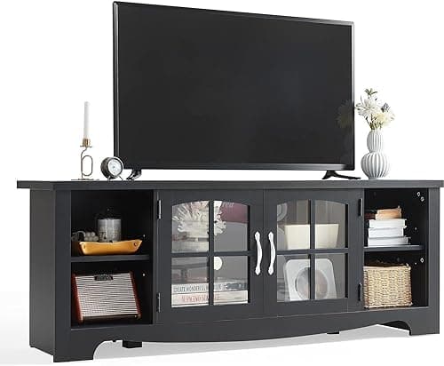 LINSY HOME Farmhouse TV Stand for 65 Inch TV, Wood Entertainment Center with Glass Door Storage Cabinet & Adjustable Shelves, Sturdy TV Console Table for Living Room Bedroom, Black - Image 1