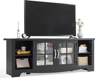 LINSY HOME Farmhouse TV Stand for 65 Inch TV, Wood Entertainment Center with Glass Door Storage Cabinet & Adjustable Shelves, Sturdy TV Console Table for Living Room Bedroom, Black - Image 1