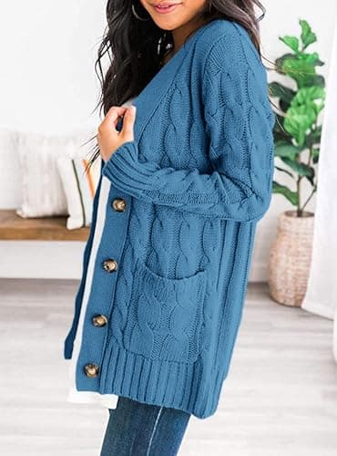 PRETTYGARDEN Women's Open Front Cardigan Sweaters Fall Fashion Button Down Cable Knit Chunky Winter Clothing Outerwear Coats (Blue,X-Large) - Image 4