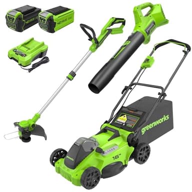 Greenworks 40V 16" Brushless Cordless (Push) Lawn Mower + Blower (350 CFM) + 13" String Trimmer (Bonus Spools), 4.0Ah + 2.0Ah Battery and Charger Included (75+ Compatible Tools) - Image 1