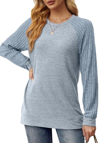 Saloogoe Womens Tops Long Sleeve Raglan Lightweight Crewneck Sweatshirts Fall Shirts 2025 Light Blue XL - Image 2