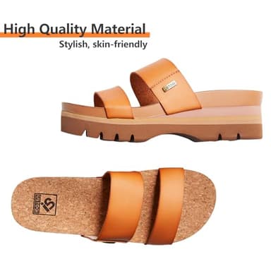Ustogi Women's Higher Platform Sandals Arch Support Beach Slides for Woman Orthotic Summer Causal Cork Footbed Slip on Cushion Cute 2 Strap Flatform 2.2IN sandalias de mujer(7.5, Brown) - Image 3