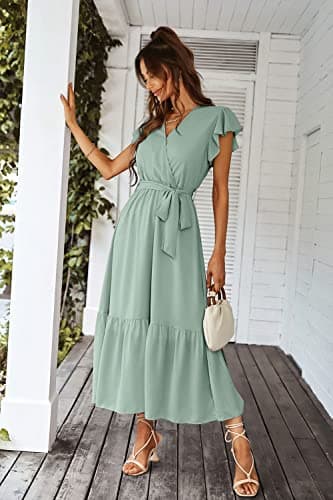 PRETTYGARDEN Women's Summer Floral Boho Dress Wrap V Neck Short Sleeve Ruffle A-Line Flowy Maxi Wedding Guest Dresses (Solid Green,Large) - Image 5