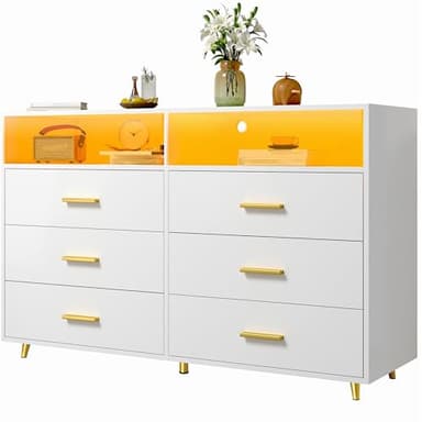 EnHomee White Dresser with LED Lights, 6 Drawers & 2 Open Shelves Top Dresser for Bedroom, Wood Chests of Drawers - Image 9