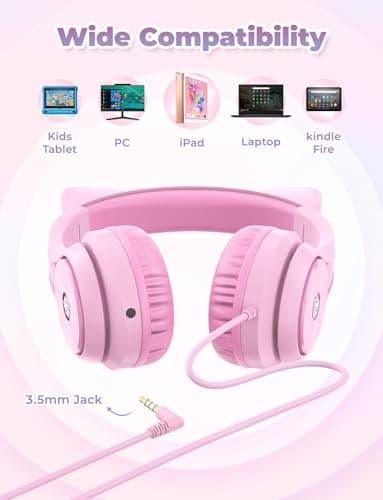 iClever Kids Headphones with Cat Ear Led Light Up, Safe Volume Limite, FunShare, Foldable, Over-Ear Headphones for Kids for School/iPad/Tablet/Travel, Meow Donut-Pink - Image 6