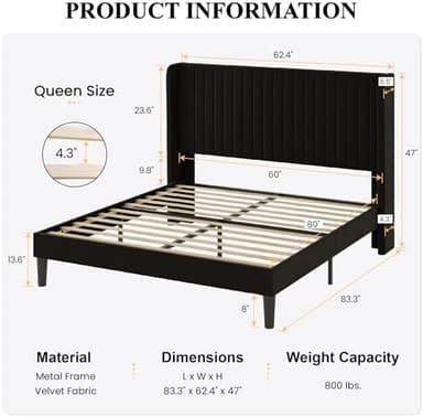 SHA CERLIN Queen Size Velvet Bed Frame with Vertical Channel Tufted Wingback Headboard, Upholstered Platform Bed with Wood Slats, No Box Spring Needed, Easy Assembly, Black - Image 4
