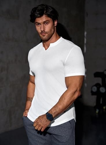 JMIERR Men's Muscle Shirt V Neck Slim Longline Short Sleeve Henley Shirt Gym Workout Athletic Tees Shirts Mens Tights for Sports,US 46(XL) - Image 3