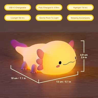 UNEEDE Axolotl Night Light for Kids,Animal Silicone Nursery Night Lamp, Rechargeable Table Lamp Bedside Lamp,Cute Room Decor Night Light for Bedroom,Living Room,Dining,Desk Decorations,Gift - Image 6