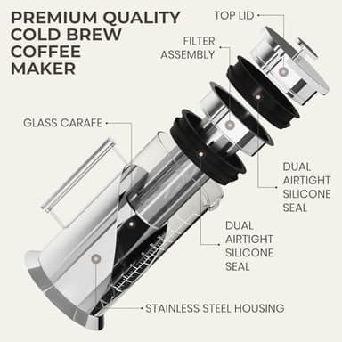 Start Brewing Perfect Iced Coffee & Tea w/ Our Cold Brew Coffee Maker, Pitcher for Fridge (34oz) - Air Tight Seal, Measuring Label - Stainless Steel Iced Coffee Maker Machine, Brewer - Cafe Du Chateau - Image 3