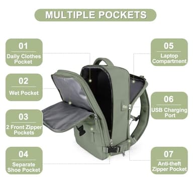 Travel Backpack For Women Men Airline Approved Carry On Backpack Flight Approved Waterproof Sports Luggage Backpack Casual Daypack Small Hiking Backpack Grey Green - Image 4