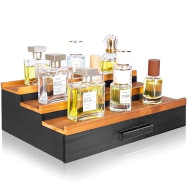 Leekimid Wooden Cologne Organizer for Men, 3 Tier Perfume Organizer Display Shelf with Drawer Storage and Hidden Compartment, Large Capacity Walnut Perfume Holder Great Gift for Man(Black Walnut) - Image 1