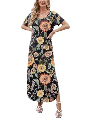 HUSKARY Women's Summer Sunflower Maxi Dress Beach Cover Ups Vacation Dresses Split Pockets Dresses - Image 3