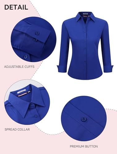 Womens Button Down Shirts Long Sleeve Regular Fit Basic Simple Stretch Work Blouse Royal Blue M - Image 3