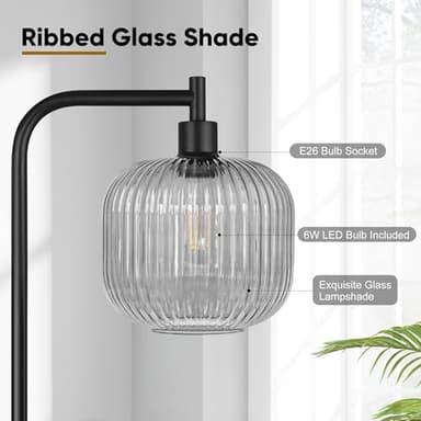 QiMH Glass Floor Lamp for Living Room, Modern Standing Lamp with Ribbed Grey Glass Lampshade Pedal Switch, 67” Tall Lamp for Bedroom Study Room, Black (2700K LED Bulb Included) - Image 6