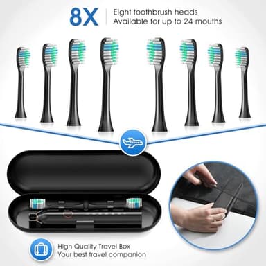 Electric Toothbrush, Sonic Type for Adults & Teens, 8 Brush Heads, Travel Case, 6 Modes, 40000 VPM Electric Motor, IPX7 Waterproof, 2 Minutes Timer, Wireless Charging, One Charge for 100 Days - Black - Image 6