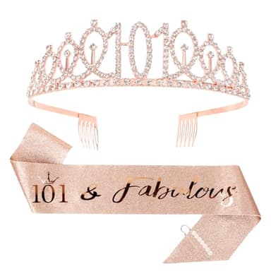 CIEHER 101th Birthday Decorations for Women: Crown, Sash, Pearl Pin - Fabulous 101st Birthday Tiara - Image 1