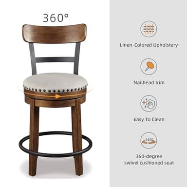 Signature Design by Ashley Valebeck | 30″ Farmhouse Pub-Height Swivel Barstool – Upholstered Cushion, Nailhead Trim, Metal & Wood Frame, Brown - Image 9