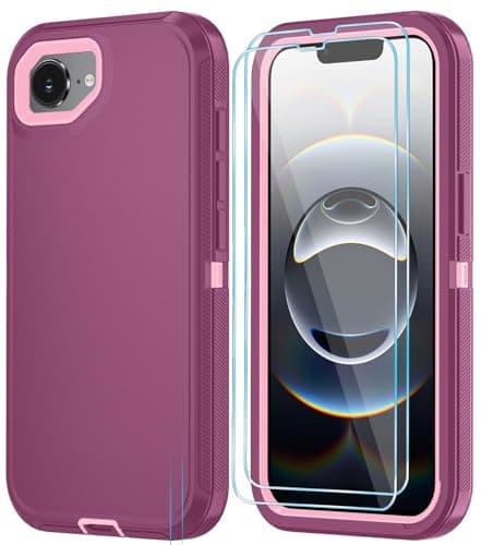 ouyncase Phone Case for iPhone 16e Case with HD Screen Protector, Heavy Duty Shockproof & DustProof & Dropproof 3-Layer Cover Phone Case for iPhone 16e,WineRedPink - Image 1