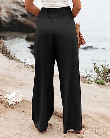 Angerella Women's Smocked High Waisted Solid Color Loose Wide Leg Pants Palazzo with Pockets Black XXL - Image 5