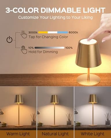 JACKYLED Cordless Table Lamps Rechargeable, 3 Adjustable Height, 5000mAh Battery Operated, 3 Colors Smooth Dimming, Portable LED Waterproof Gold Lamp for Dining, Bedroom, Outdoor (2 Pack) - Image 5