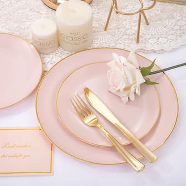 PULOTE 100PCS Pink Plastic Plates - Heavy Duty Pink and Gold Disposable Plates for Party, Wedding & Mother’s Day, Include 50 Dinner Plates and 50 Dessert Plates - Image 5