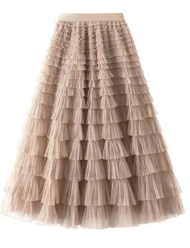 Flygo Women's Long Maxi Tulle Skirts A Line Ruffle High Waisted Tiered Layered Mesh Tutu Skirt Petticoat(Champagne-S) - Image 2