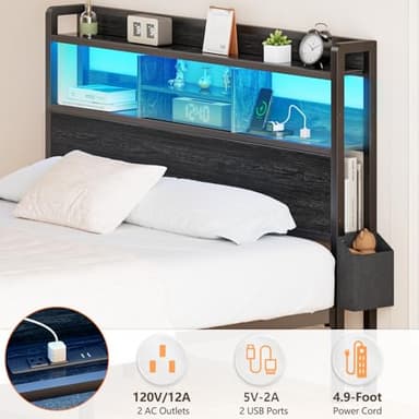 Furnulem Full Size Bed Frame with Wood Headboard, Metal Platform Bed Frame Full Size with 2 Storage Drawers and Shelf, LED Lights and Charging Station, No Box Spring Needed, Noise Free, Black - Image 6