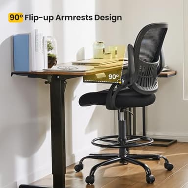 Sweetcrispy Tall Drafting Desk Chair - Ergonomic High Stool Computer with Adjustable Height and Comfy Lumbar Support, Office Rolling Counter with Flip-up Arm and Footrest, Black - Image 7