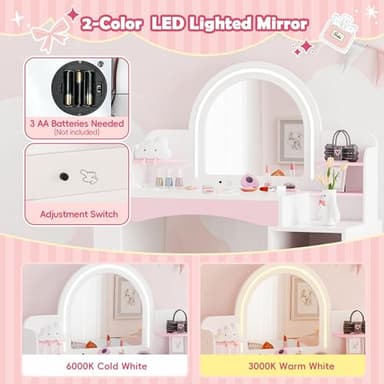 MU Kids Vanity with Lights, Princess Makeup Vanity Desk with Open Bookshelf, Storage Cabinet & Shelves, 2 in 1 Toddler Vanity Table & Chair Set with Lighted Mirror for Little Girls (White) - Image 4