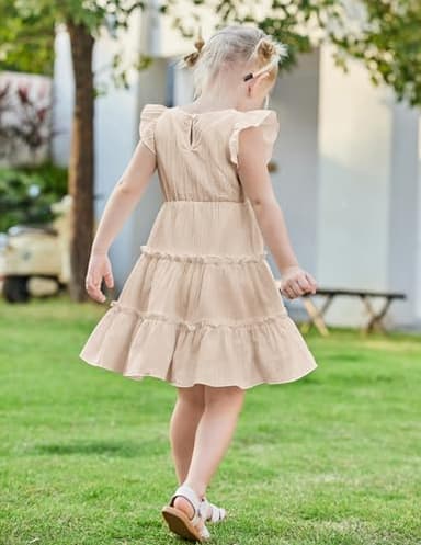 Arshiner Toddler Beige Girls Dress Ruffle Sleeveless Tiered Swing Twirly Dresses Cute Summer Beach Sundress 5t - Image 3