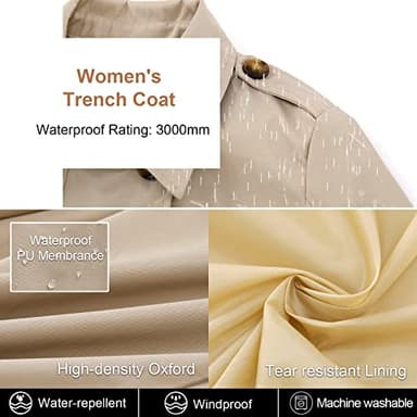 CREATMO US Women's Trench Coats Casual Double Breasted Spring Fall Long Trench Coat with Belt Khaki M - Image 4