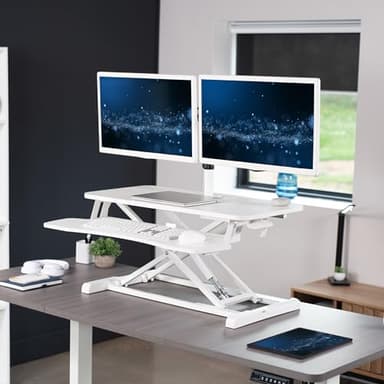 VIVO Height Adjustable 32 inch Standing Desk Converter with Dual 13 to 30 inch Monitor Stand, Sit Stand Monitor Mount and Desk Riser, White, DESK-V000K-M2W - Image 2