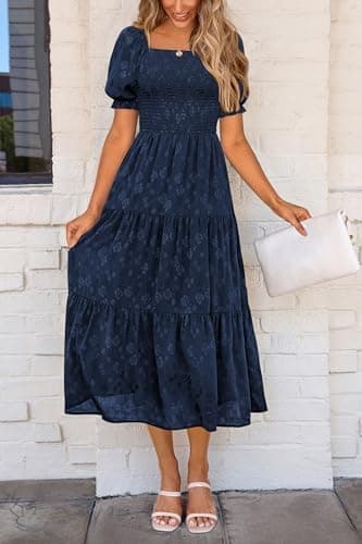 PRETTYGARDEN Women's 2026 Summer Casual Midi Dresses Square Neck Short Sleeve Smocked A Line Floral Flowy Elegant Boho Dress - Image 5