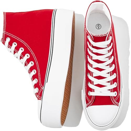 FRACORA Womens High Top Canvas Shoes White Black Platform Sneakers Lace Up Shoes for Women(Red,US8) - Image 1