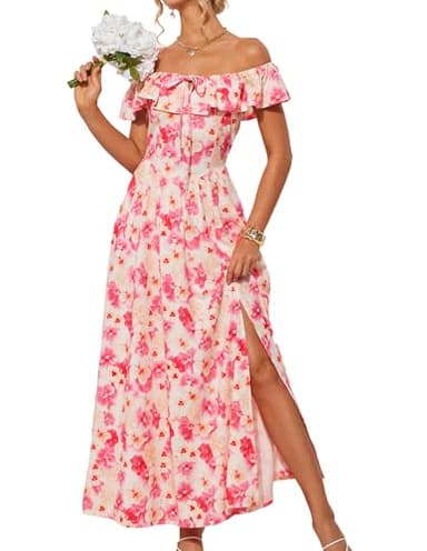 Women's Summer Dresses Ruffle Off Shoulder Trendy Corset Sundress Beach Long Maxi Outfits Pink Yellow XXL - Image 1