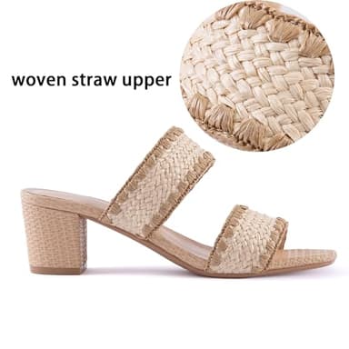N.N.G Women Heels Sandals Straw Braided Beige size 9 Low Block Dressy Mules Chunky Comfortable Summer Two Strap Leather Square Open toe Short Slide - Image 2