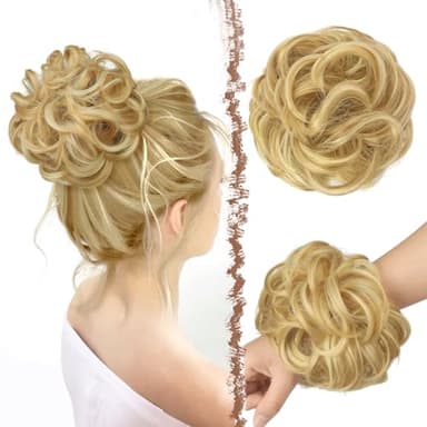 FESHFEN Messy Bun Hair Pieces - Large Wavy Curly Elastic Hair Bun Scrunchies Ponytail Extensions Synthetic Chignon Hairpieces for Women, Strawberry Blonde & Bleach Blonde 1.94oz - Image 1