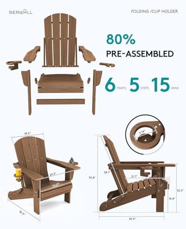 SERWALL Adirondack Chair with Cup Holders - Composite Adirondack Chairs Set of 4 HDPE Outdoor Chairs All Weather Use- Brown - Image 3