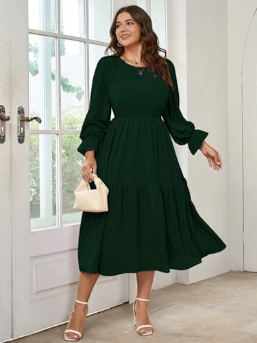 SHESTARR Women's Plus Size Dress Long Sleeve Crewneck Smocked Tiered Flowy Boho Wedding Party Maxi Dresses Emerald Green - Image 3