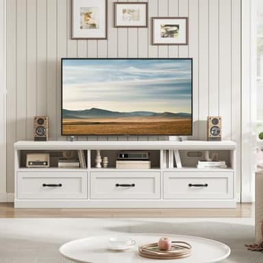 GarveeHome TV Stand for 65/70/75 Inch TV, Entertainment Center with Storage Drawer, Mid-Century Modern TV Console with Open Shelves, 70in Media TV Cabinet for Living Room, Bedroom, Antique White - Image 2