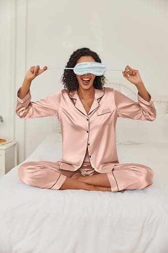 Ekouaer Women's Classic Button Down Long Satin Silk Pajama Set,Large,Pink - Image 3