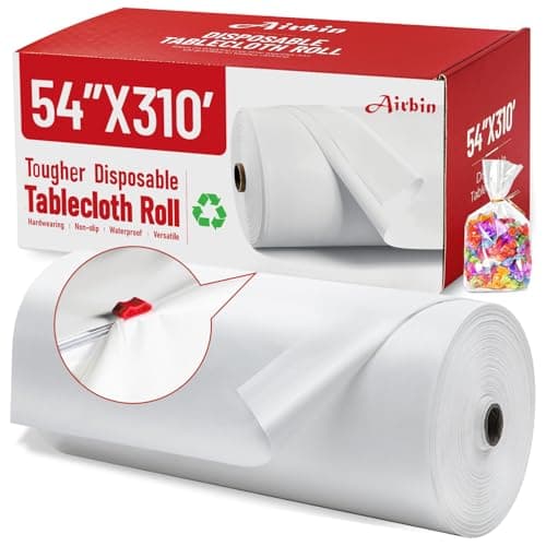 Plastic Table Cloth, 310 Ft x 54 in Disposable Tablecloth White Plastic Tablecloth with Any Cut Sliding Cutters and 100 Bags Premium PEVA Table Cover Roll for Picnics, Parties, Birthdays, Weddings - Image 1