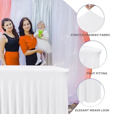 Nasitos White Table Skirt for 6 Foot Rectangle Tables, 4 Pack - 72 x 30 Inch - Stretch Spandex Fitted Table Clothes, Fabric Table Covers Cocktail Tablecloths for Party, Banquet, Birthday - Image 2
