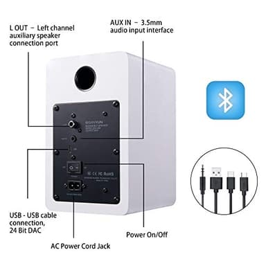 Sanyun SW208 3" Active Bluetooth 5.0 Bookshelf Speakers – 60W Carbon Fiber Speaker Unit - Built-in 24bit DAC Dynamic 3D Surround Sound 2.0 Computer PC Monitor Gaming (Pair, White) - Image 4