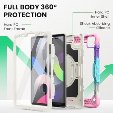 SEYMAC Case for iPad Air 5th/ 4th Generation 10.9", Full-Body Shockproof Protective Case with Screen Protector, Rotating Stand/Handle/Shoulder Strap/Pencil Holder for iPad Air 5/ Air 4, Colorful/Pink - Image 5