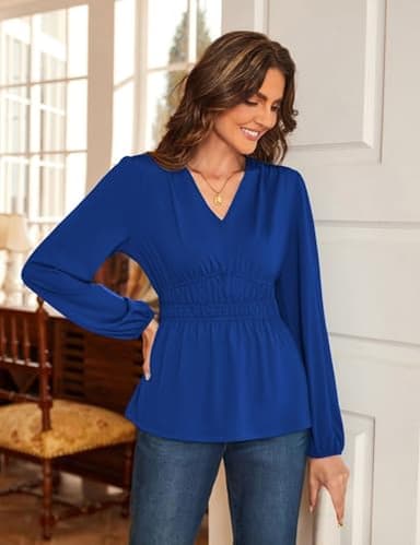 Womens Blouses 2024 Long Sleeve V Neck Long Sleeve Casual Shirts Formal Office Tops for Work Royal Blue XL - Image 2